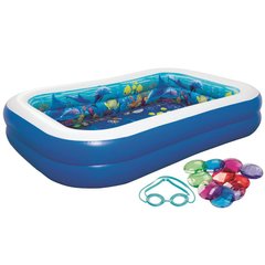 Семейный надувной бассейн, прямоугольный с набором подводных очков с 3D эффектом - длина 262 см, Besteway 54177