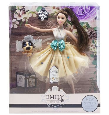 QJ079C  - Шарнирная Лялька Емілі з собачкою - сукня із блакитним бантиком |  "Emily Fashion Classics"