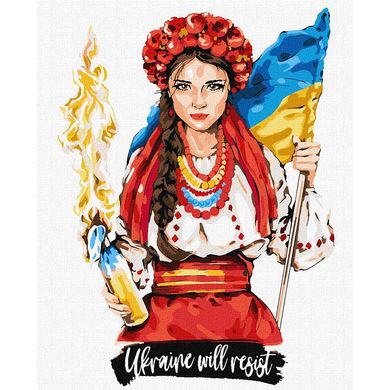 Идейка KHO4862 - Картина за номерами - українка - національному костюмі, з коктейлем молотова та прапором