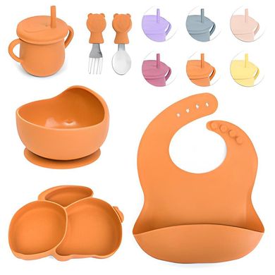 MA-4907 - Набір дитячого силіконового посуду - для годування маленьких дітей, зі слинявчиком, 6 предметів