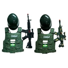 Фото товару Набір військового з каскою - зелений колір - укомплектований бронежилетом, автоматом і каскою,  LY-601-02