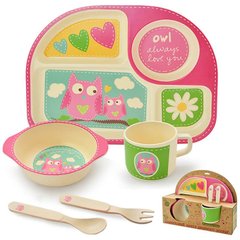 MH-2773-2 - Бамбуковая посуда для детей – С совятами – 5 предметов