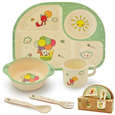 MH-2773-8 - Бамбукова посуд для дітей - Звірята і повітряні кульки - 5 предметів