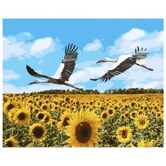 Идейка KHO4182 - Картина по номерам - украинский пейзаж - аисты летят над полем подсолнухов