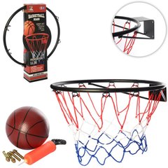 Фото товару Стандартне кільце для гри в баскетбол (з металу) з сіткою, м'ячиком та кріпленнями - діаметр 46 см,  MR 0168