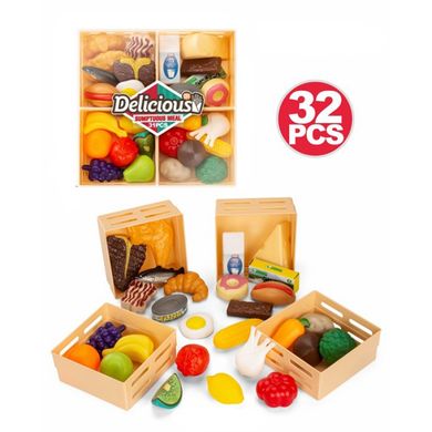 Фото товара - Набор игрушечных овощей, фруктов, продуктов. фастфуд, в ящичках - 32 предмета,  XG3-25