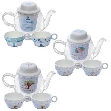 Фото товару Скляний заварник для чаю, трав та гарячих напоїв, чайник із ситом та чашками, R84877,  R84877