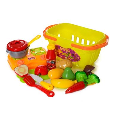Фото-  1257_kuhnya Игровой набор мини кухня в корзинке, плита, продукты на липучке овощи, фрукты, 1257 в категории Игрушечные наборы продуктов