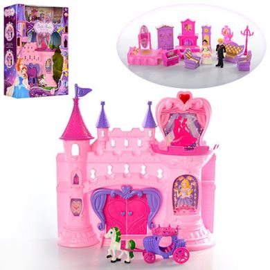 Фото товару Замок для ляльок принцеси з героями, меблі, карета, музика, світло, на батарейці, в коробці 39-49-13 см,  SG-2991 bl
