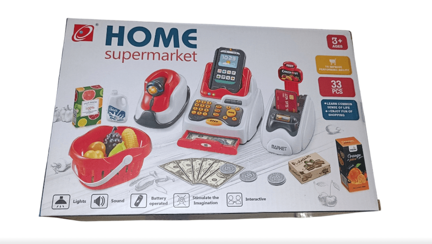 Игровой набор - кассовый аппарат, деньги, продукты, корзинка -   668-115 - изображение