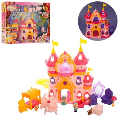 Замок для кукол принцессы с героями, мебель, музыка, свет, на батарейке, в коробке 54-45-9,5 см,  1206D bl