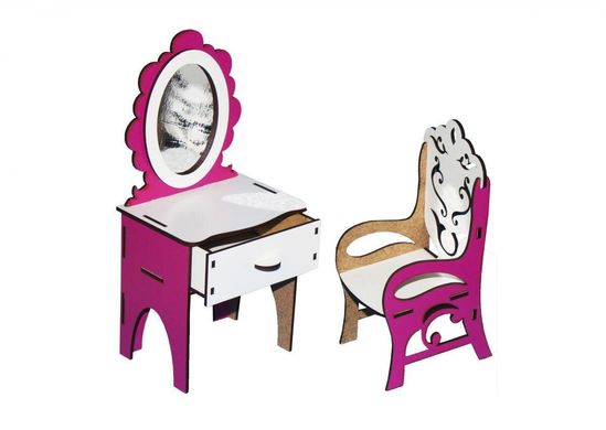 Деревянная мебель для куклы Трюмо и стул для барби, для кукольного домика, бело-розовое, Украина 