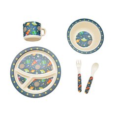 Бамбуковая посуда - фото Набор детской бамбуковой посуды – космос - 5 предметов, с чашкой