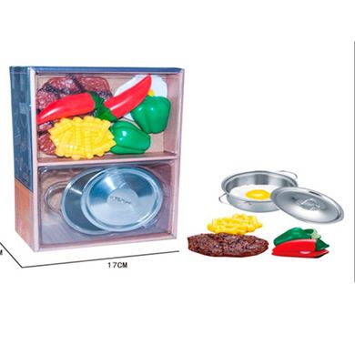 Фото товара - Набор: игрушечный металлический сотейник с продуктами,  YH2018-1B