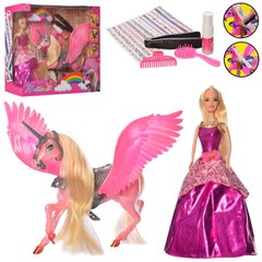 Набор - кукла принцесса с летающим единорогом и набором для покраски его гривы,   68269