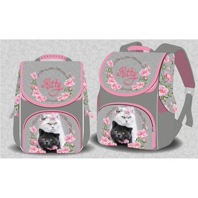 Фото товара - Ранец (рюкзак) - короб ортопедический для девочки - Модные коты, стильный серо-розовый, Space 988760, Space 988760