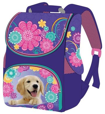 Фото товара - Ранец (рюкзак) - короб ортопедический для девочки - Собачка, стильный фиолетовый с узором, Smile 988636, Smile 988636