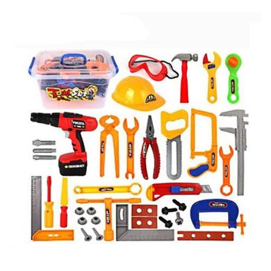 Фото-  F88-1 Дитячий набір інструментів у ящику з шуруповертом, каскою, окулярами та іншими дитячими інструментами у категорії Набори інструментів