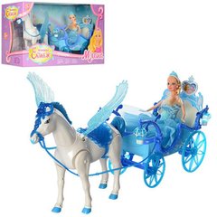 Сказочные замки, Кареты - фото Подарочный набор Кукла с каретой и лошадью с крыльями голубая 227A в коробке 56-19-30 см