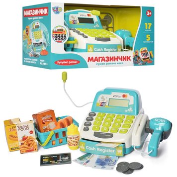 M 4391  - Ігровий набір у магазин - з касовим апаратом (для хлопчика), сканнер. мікрофон, монети