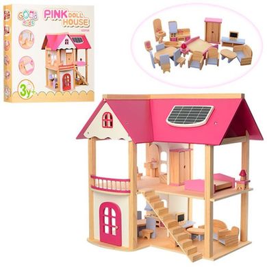 Домик Деревянный большой двухэтажный для небольших кукол с мебелью и аксессуарами, дом для кукол,  1068