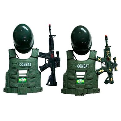 Фото товара - Набор военного с каской - зеленый цвет - укомплектован бронежилетом, автоматом и каской,  LY-601-02