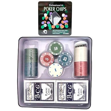 Фото товара - Покерный набор с 2 колодами карт и номинированными фишками - 100 штук,   3896 A, IGR4