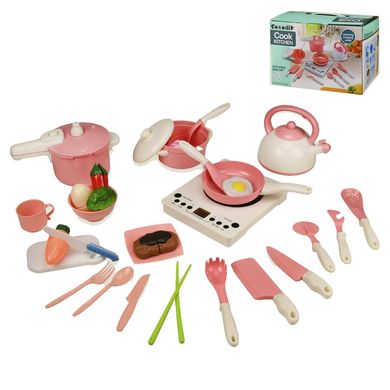 Фото товара - Набор детской посудки и аксессуаров с плитой (звук, свет) и чайником,   80052A