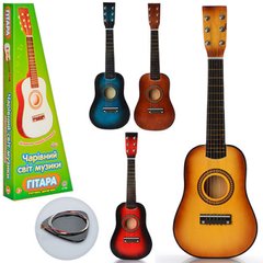 Музыкальные игрушки - фото Детская деревянная гитара с медиатором, 6 струн, с медиатором, M 1369