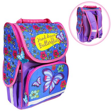 Фото товара - Ранец (школьный рюкзак на 1-3 класс) - для девочки - Бабочки (синий с малиновым), размер Smile 988395,  988395