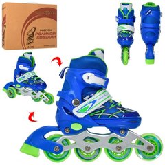 Роликовые коньки - фото Ролики раздвижные 2 в 1 (27-30 размер), светящееся колесо - цвет синий с зелеными колесами