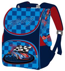 Фото товара - Ранец (школьный рюкзак на 1-3 класс) - для мальчика - Машинка гонки (синий), размер Smile 988569,  988569