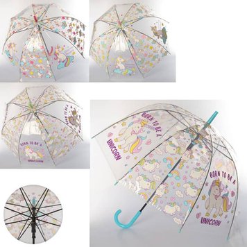 MK 3620 @21 - Прозора дитяча парасолька для дівчинки - тростина, з малюнками єдинорогів