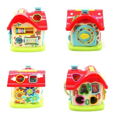 Развивающая игрушка для малышей - домик - 5 игровых граней - счеты, шестеренки, сортер, часы,  ZYB-B3137