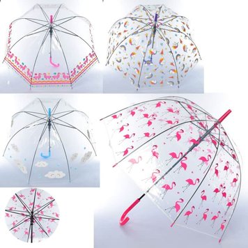 MK 3621-1 @21 - Прозора дитяча парасолька для дівчаток - тростина, з малюнками фламінго