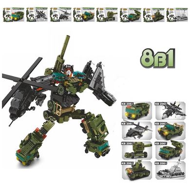 Фото товару Конструктор бойовий робот - 9 в 1 | 8 машинок (танк, винищувач, БМП) або 1 великий робот, Kids Bricks  KB 206